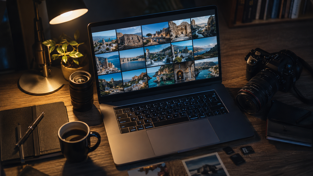 Photographer's desk at night with laptop showing stock photo thumbnails and a camera