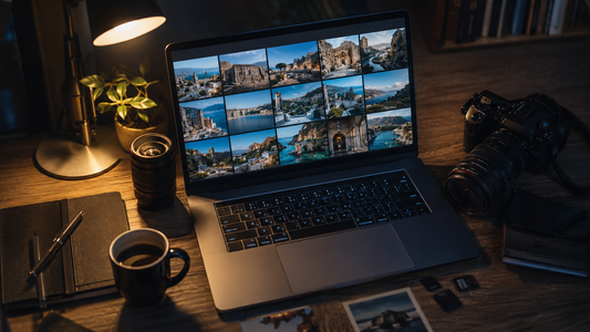 Photographer's desk at night with laptop showing stock photo thumbnails and a camera